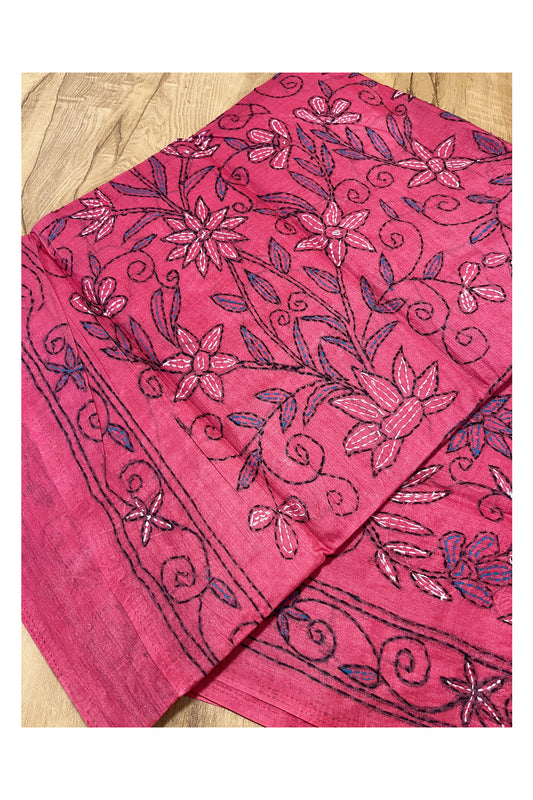 Southloom Kantha Thread Work Designer Pinkish Red Saree