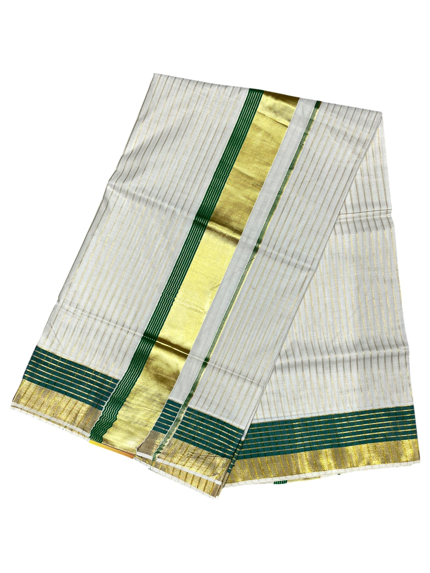 Southloom Pure Cotton Kerala Kasavu Lines Design Saree with Green Border