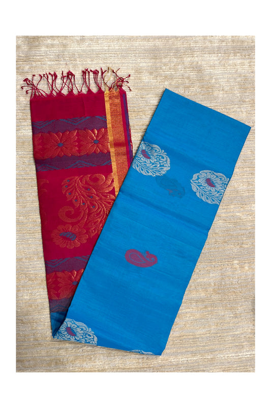 Southloom Pure Handloom Cotton Silk Saree With Handwoven Work Across Body and Blouse in Blue And Pink