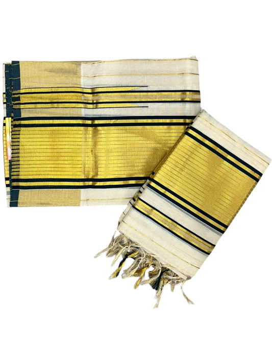 Southloom Premium Tissue Handloom Set Mundu with Chuttikara Kasavu With Green And Golden Border (2.80 Mtr) SL617