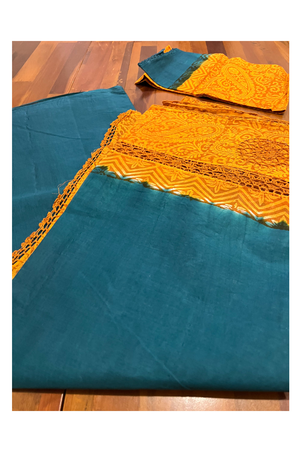 Southloom Pure Cotton Teal Blue Saree with Orange Crochet Woven Designs