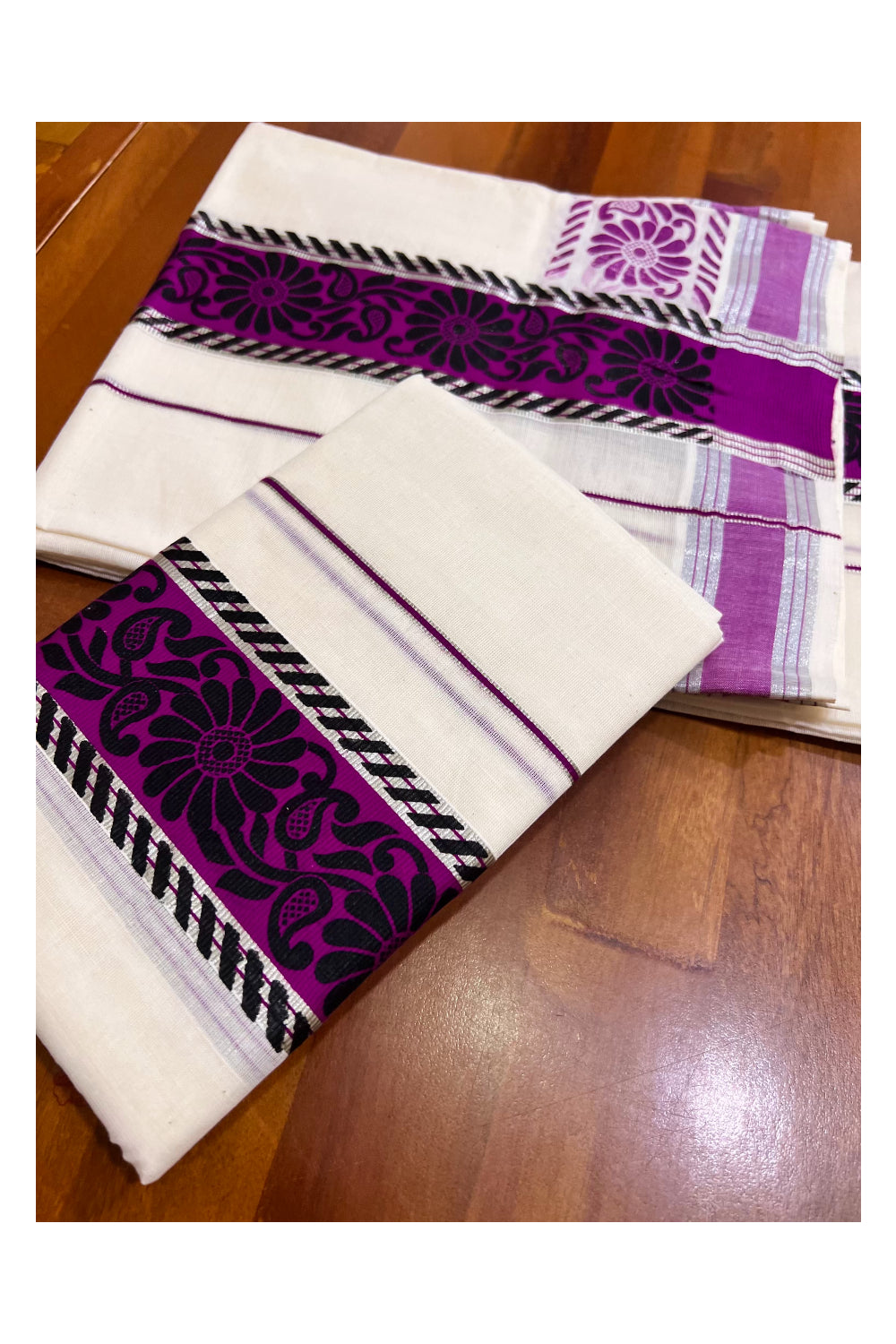 Kerala Pure Cotton Set Mundu Single (Mundum Neriyathum) with Black Block Prints on Magenta Border and Silver Kasavu - 2.80Mtrs