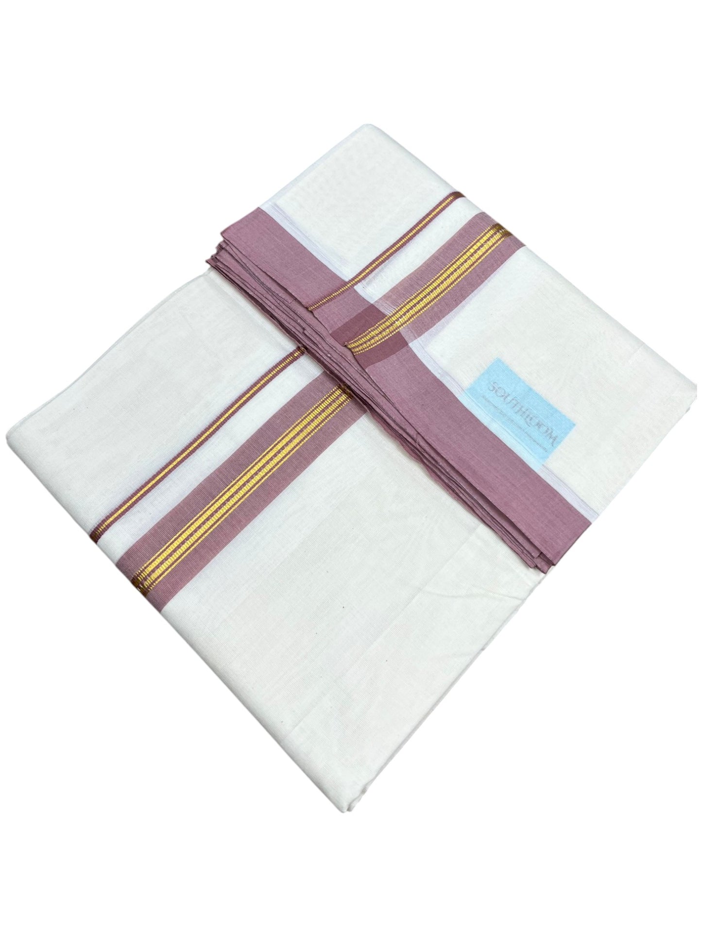 Southloom Pure Cotton Mundu with Gold Lines and Brown Border (South Indian Kerala Dhoti)