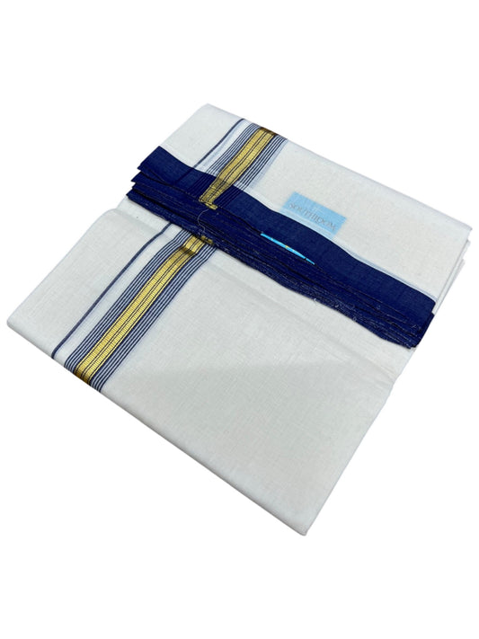 Southloom Balaramapuram Premium Handloom Cotton Double Mundu with Gold Kasavu and Blue Border
