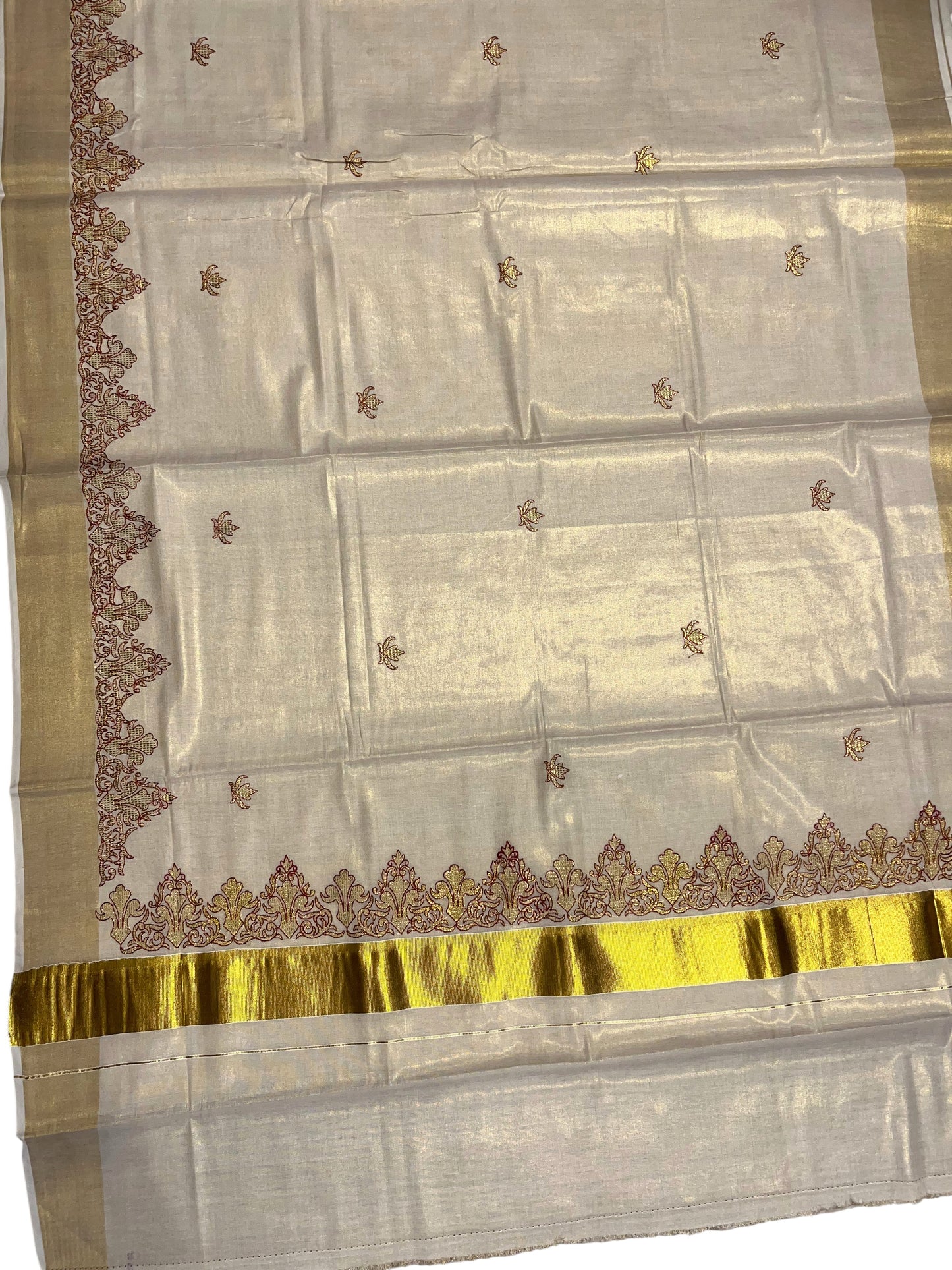 Southloom Tissue Kerala Kasavu Saree with Maroon Floral Print on Border