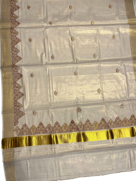 Southloom Tissue Kerala Kasavu Saree with Maroon Floral Print on Border