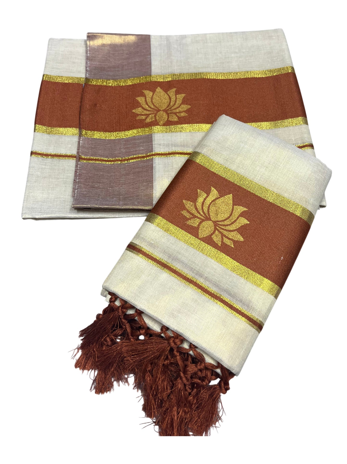 Southloom Kerala Cotton Kasavu Single Set Mundu (Mundum Neriyathum) with Lotus Design in Brown