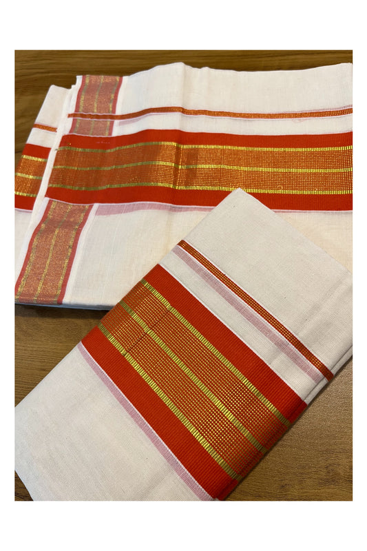 Kerala Cotton Set Mundu (Mundum Neriyathum) with Kasavu and Orange Border 2.80 Mtrs