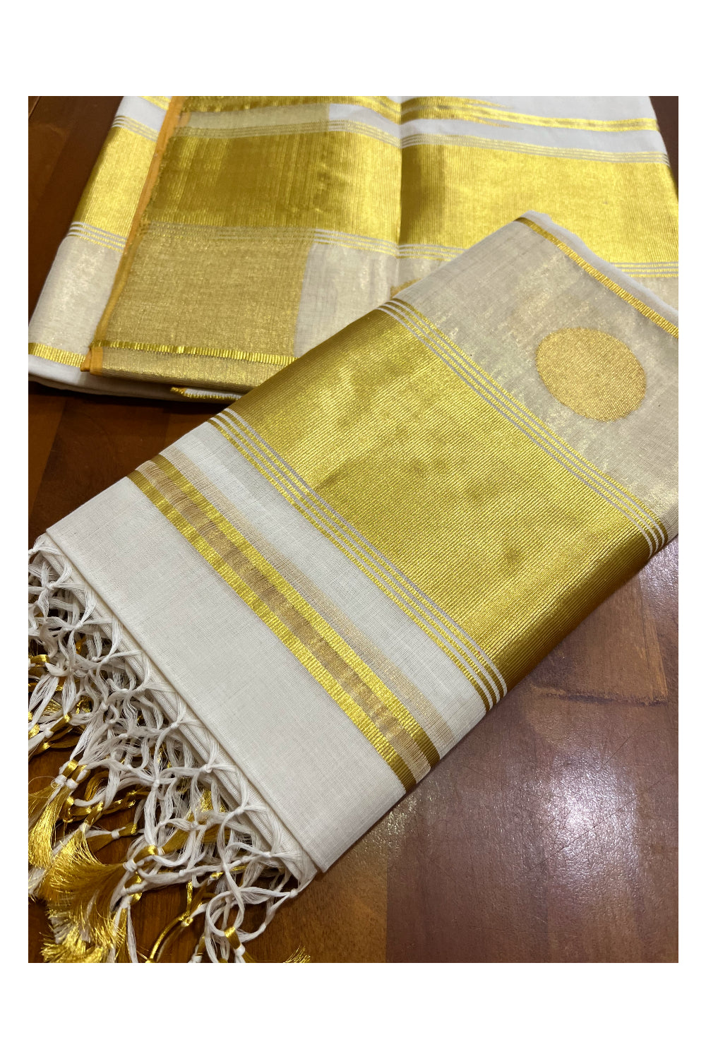 Southloom Super Premium Balaramapuram Handloom Unakkupaavu Cotton Wedding Pudava Set Mundu with Polka Woven Designs on Border 2.80 Mtrs