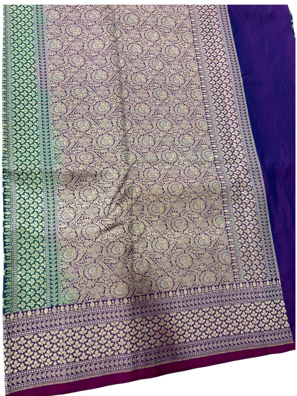 Southloom Pure Banarasi Silk Saree with Woven Work on Body and Borders (Peacock Green Blue And Magenta)