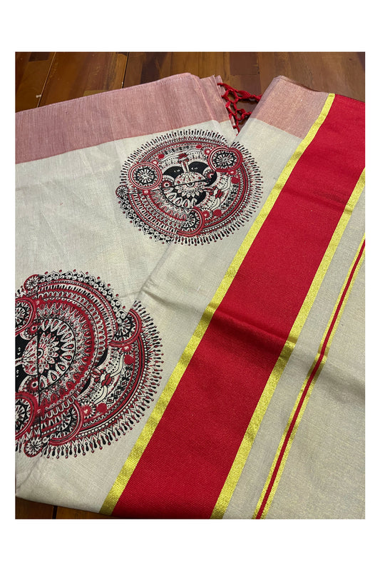 Kerala Tissue Kasavu Saree with Theyyam Mural Printed Designs and Red Border