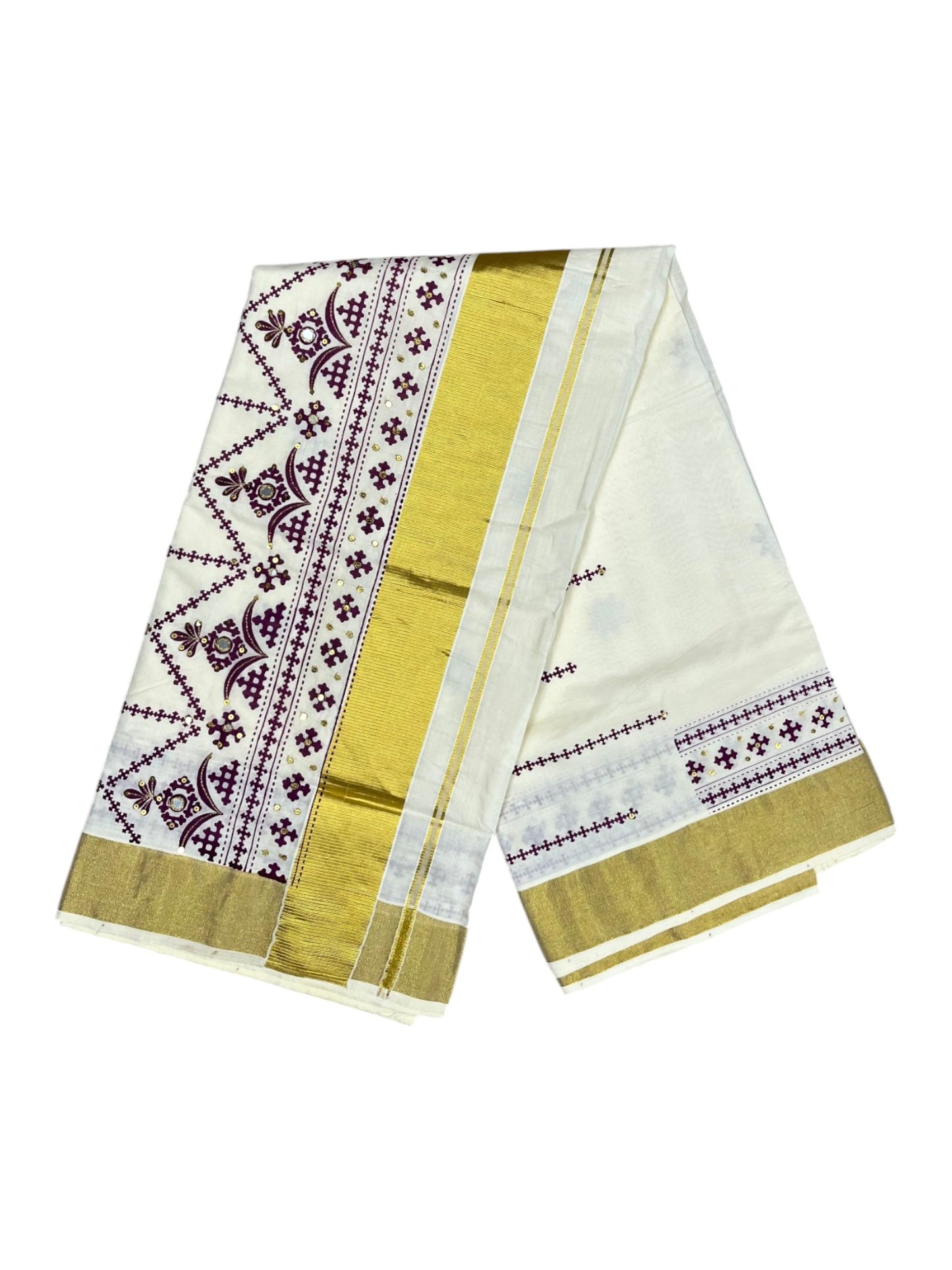 Southloom Pure Cotton Kerala Kasavu Saree with Maroon Embroidery Designs