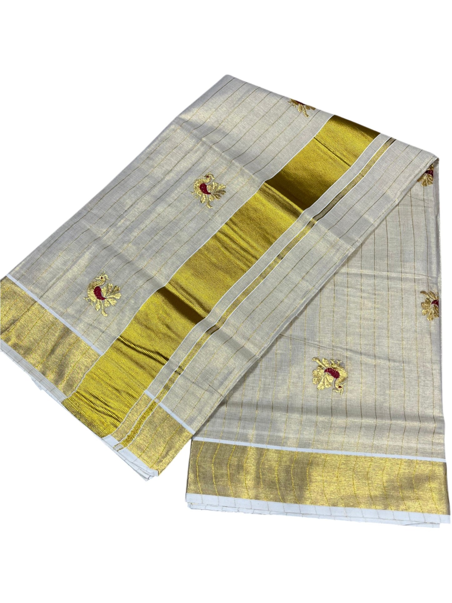 Southloom Tissue Kerala Kasavu Lines Saree with Peacock Embroidery Work on Body in Maroon