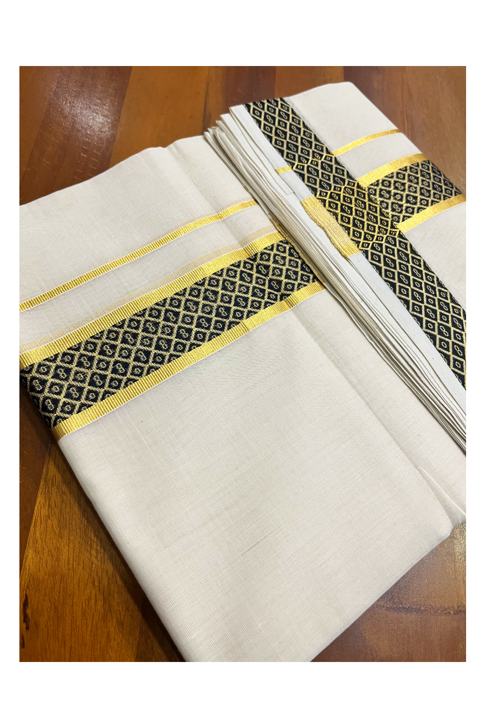 Premium Balaramapuram Handloom Unakkupaavu Cotton Double Mundu with Kasavu and Black Design Border (Vishu 2024 Collection)