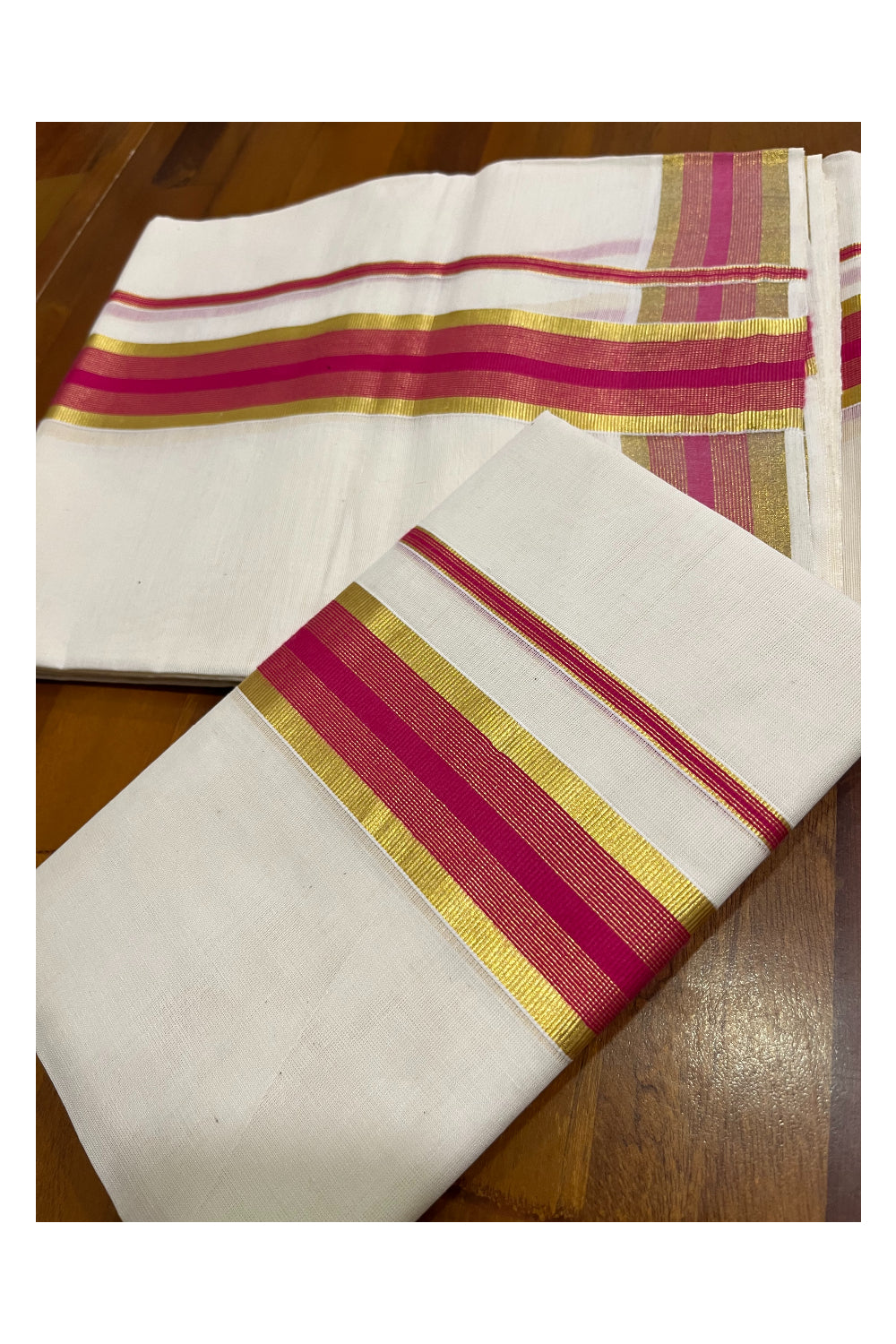 Kerala Cotton Set Mundu (Mundum Neriyathum) with Dark Pink and Kasavu Border 2.80 Mtrs