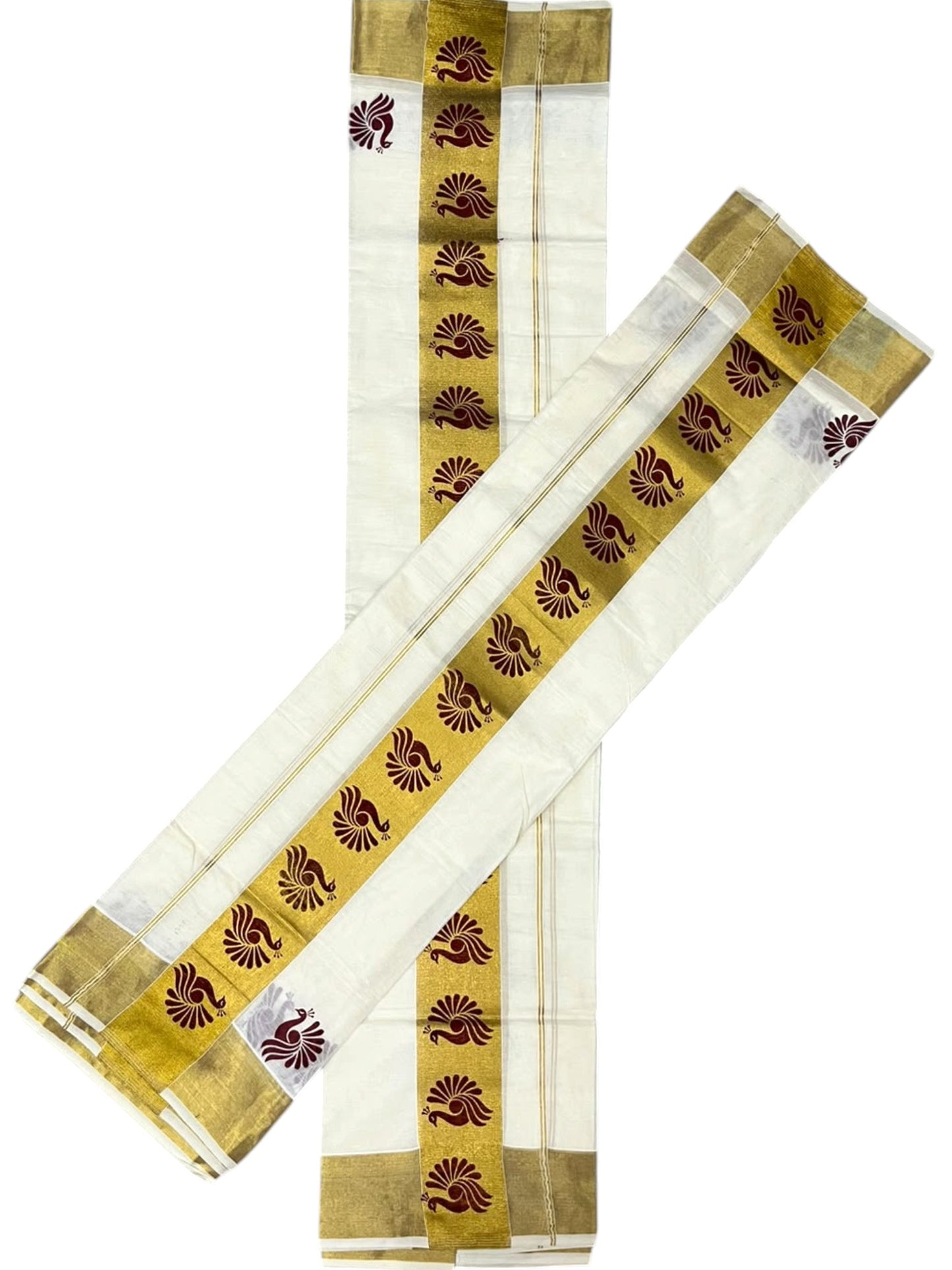 Southloom Pure Cotton Set Mundu with Gold Kasavu and Maroon Floral Digital Print in 2.80 Mtrs SL383