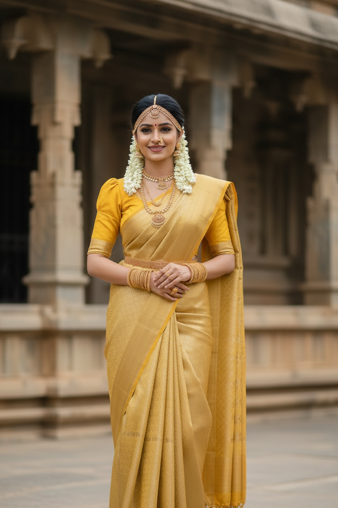 Southloom Brocade Silk Saree with Silver Zari Work in Yellow Pastel Shade