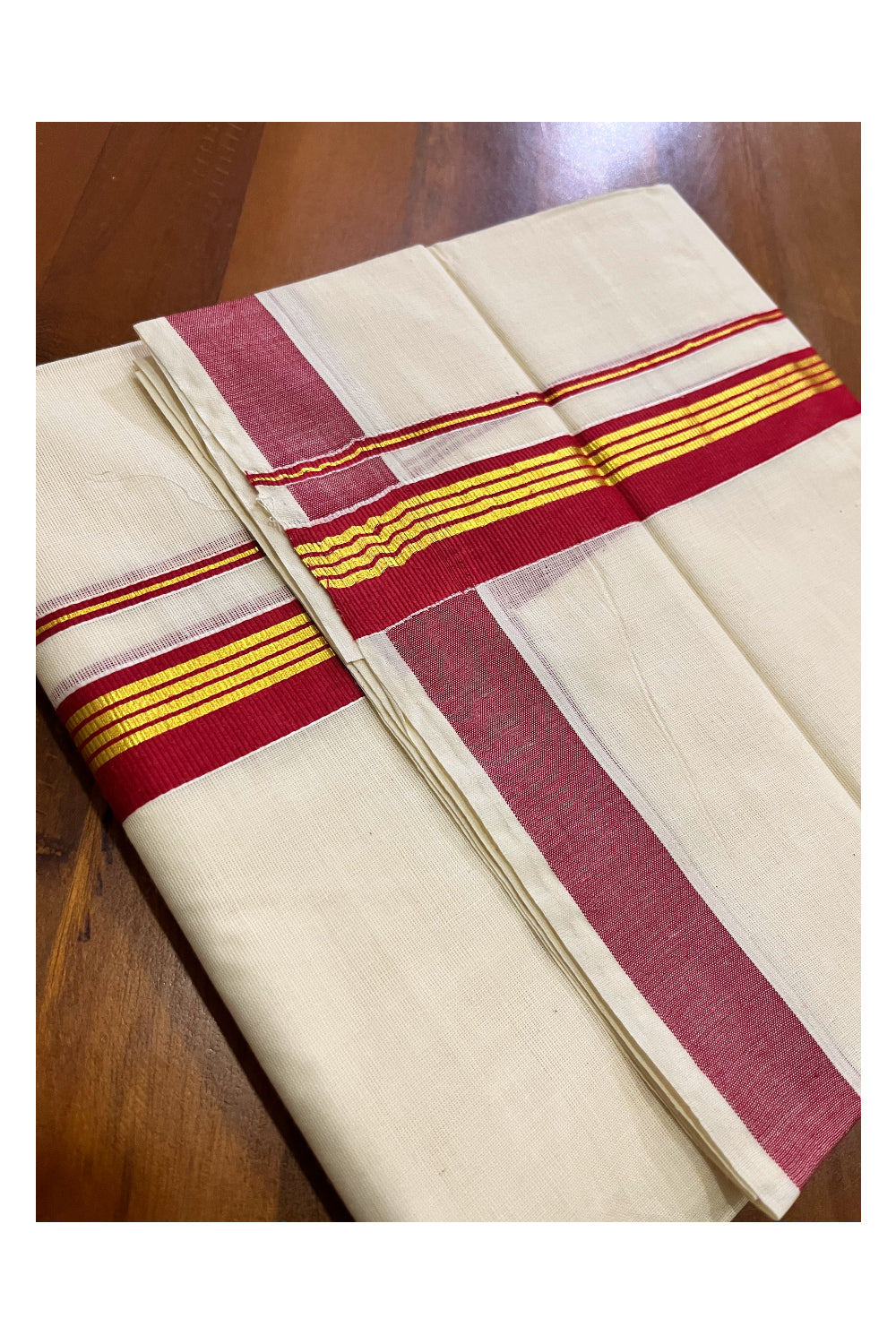 Off White Kerala Cotton Double Mundu with Kasavu and Red Border (South Indian Kerala Dhoti)