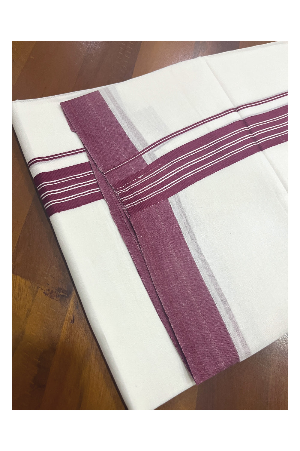 Pure White Cotton Double Mundu with Maroon Lines Border (South Indian Kerala Dhoti)