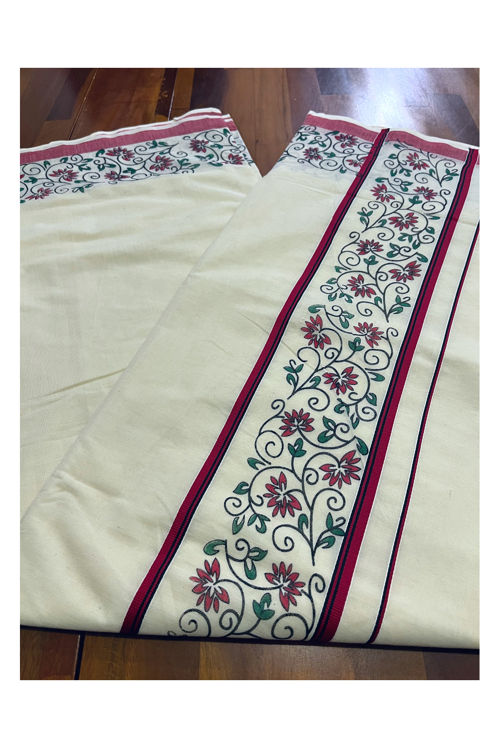 Pure Cotton Kerala Saree with Floral Block Prints and Red Border