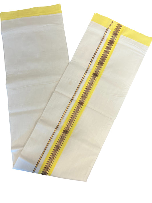 Southloom Premium Handloom Cotton Double Mundu with Yellow And Brown Line Kasav Border