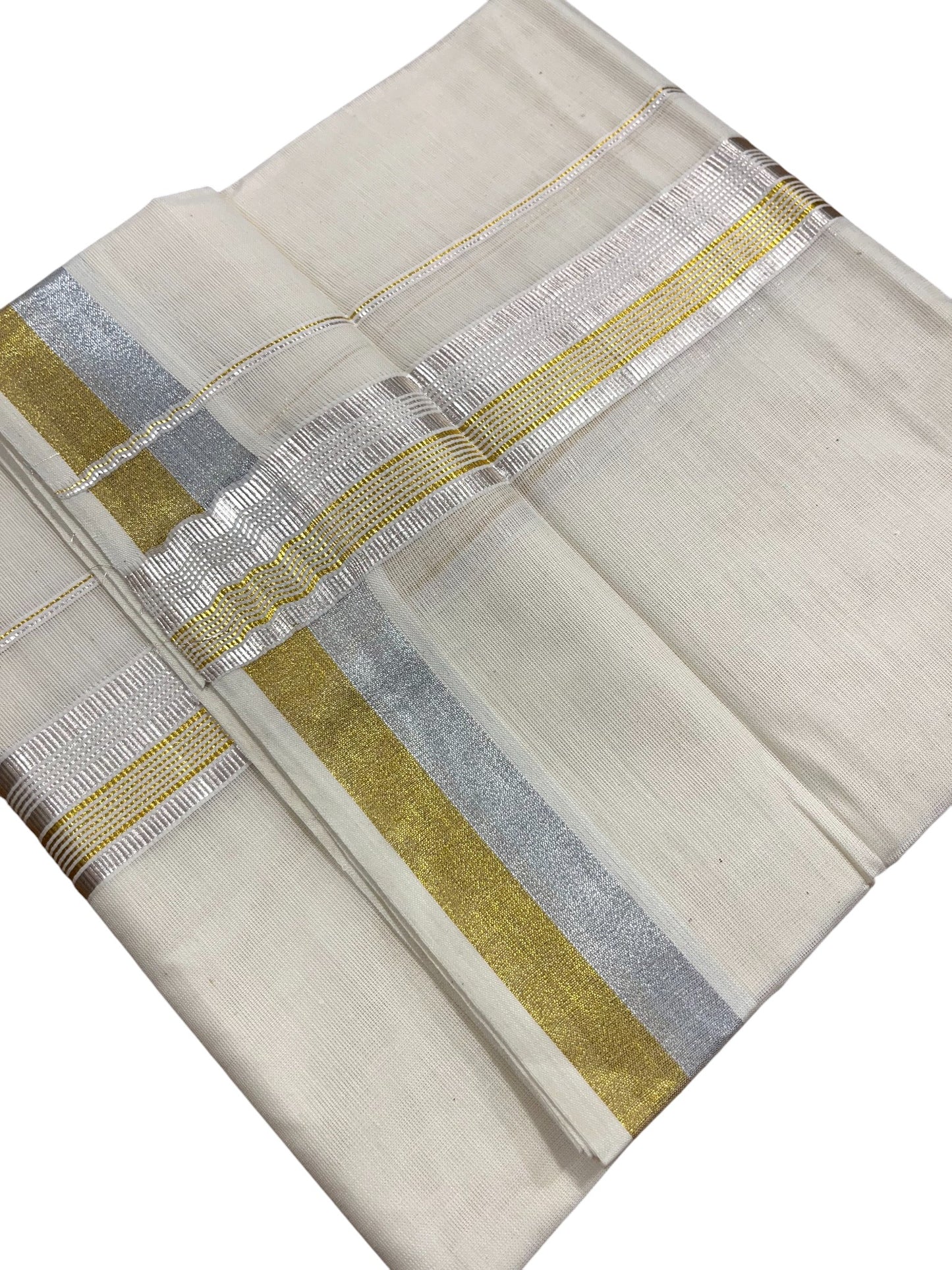 Southloom Kerala Pure Cotton Double Mundu with Silver and Gold Border (South Indian Dhoti)