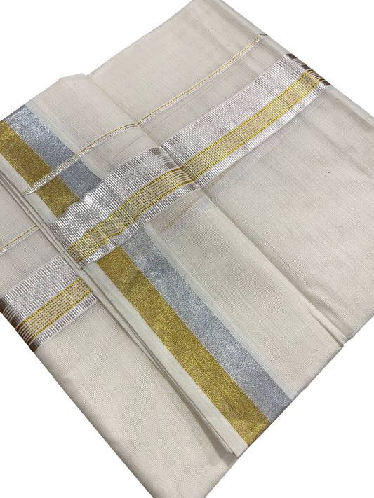Southloom Kerala Pure Cotton Double Mundu with Silver and Gold Border (South Indian Dhoti)