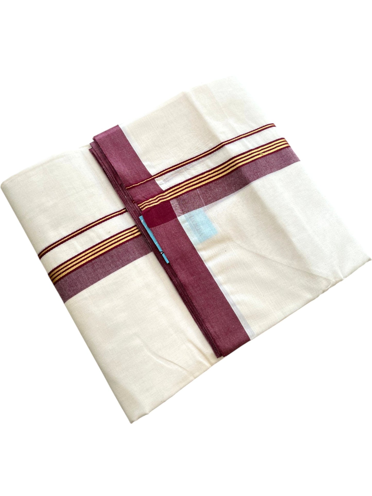 Southloom Pure Cotton Mundu with Golden Lines and Purple Border (South Indian Kerala Dhoti)