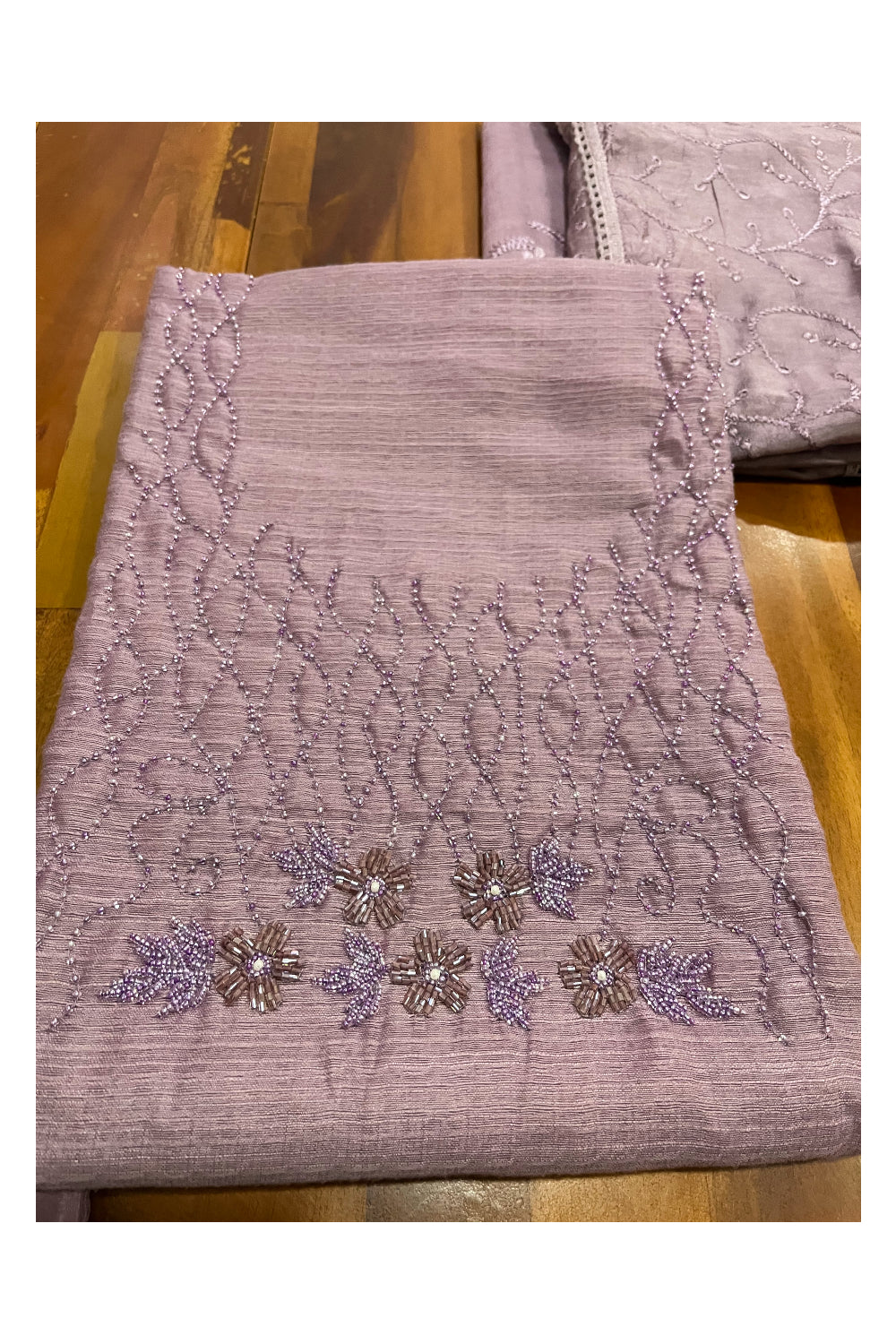 Southloom™ Semi Tussar Light Purple Churidar Salwar Suit Material with Bead Works on Yoke Portion