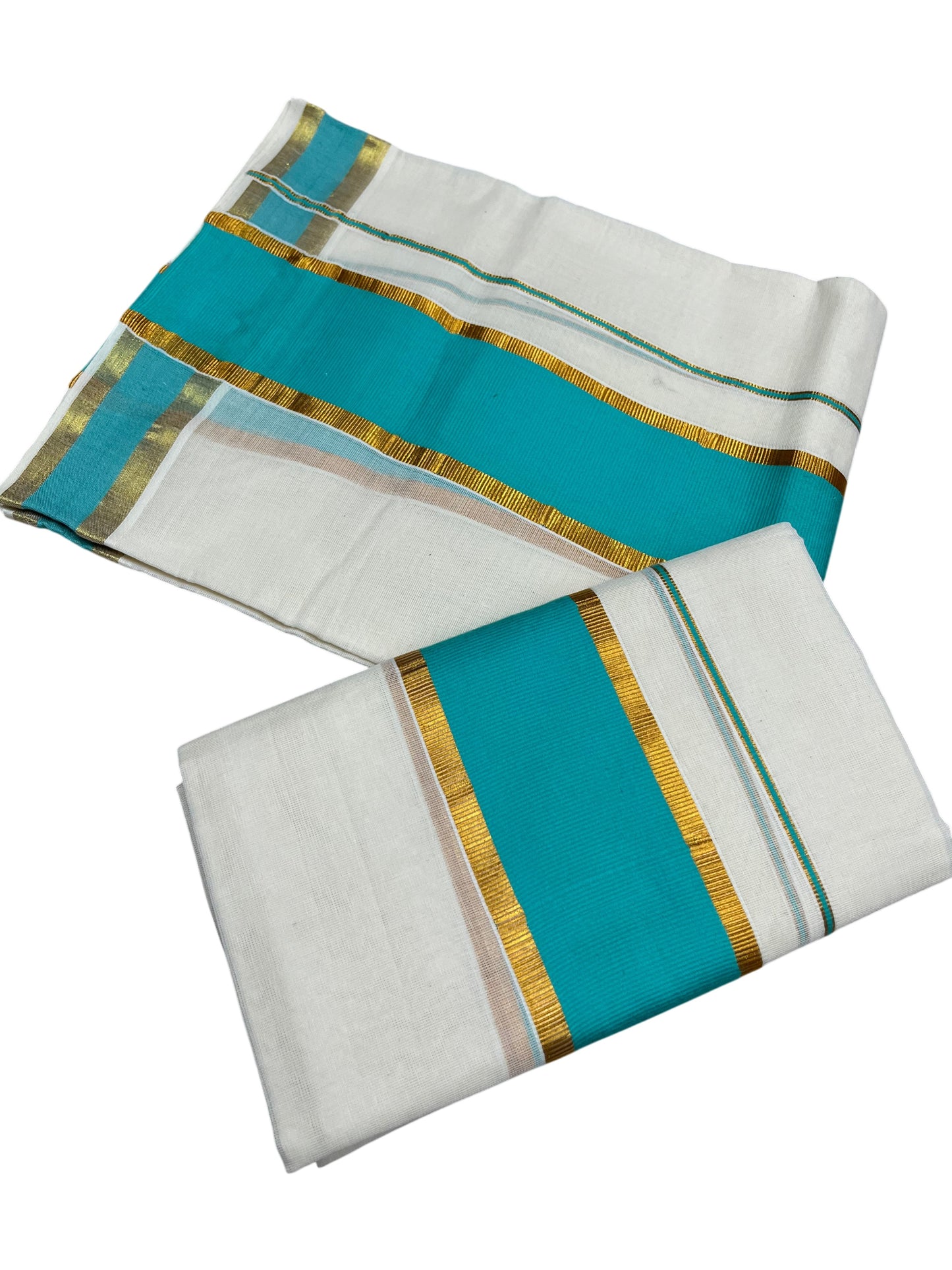 Southloom Kerala Cotton Single Set Mundu (Mundum Neriyathum) with Kasavu and Turquoise Border 2.80Mtrs
