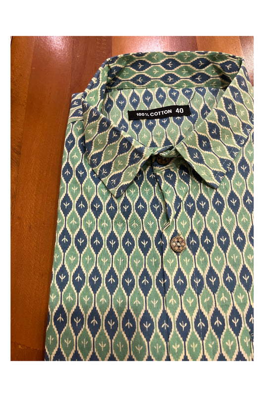 Southloom Jaipur Cotton Green Blue Green Hand Block Printed Shirt (Half Sleeves)