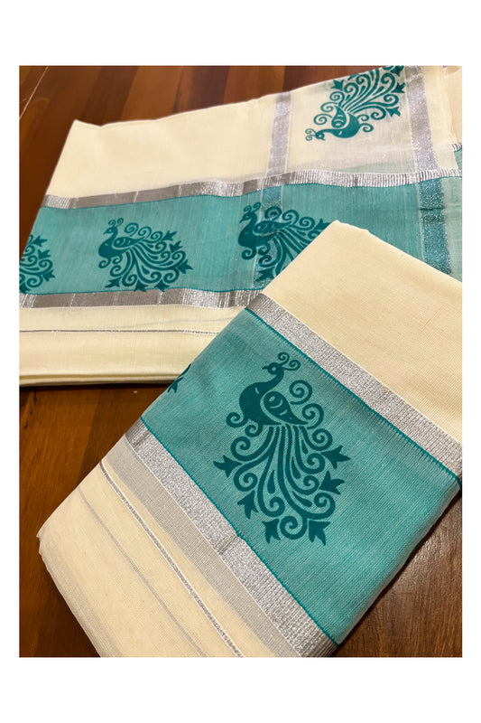 Kerala Cotton Set Mundu Single (Mundum Neriyathum) with Peacock Block Prints on Silver Kasavu and Turquoise Border