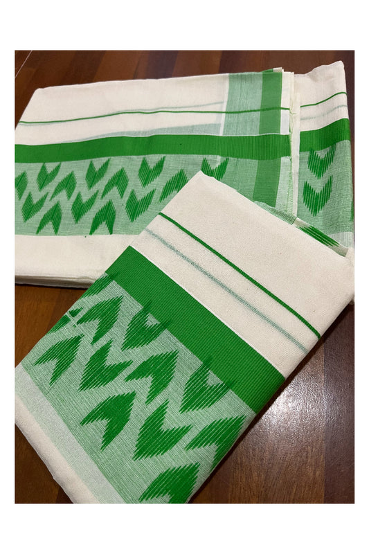 Cotton Kerala Single Set Mundu with Light Green Block Printed Border