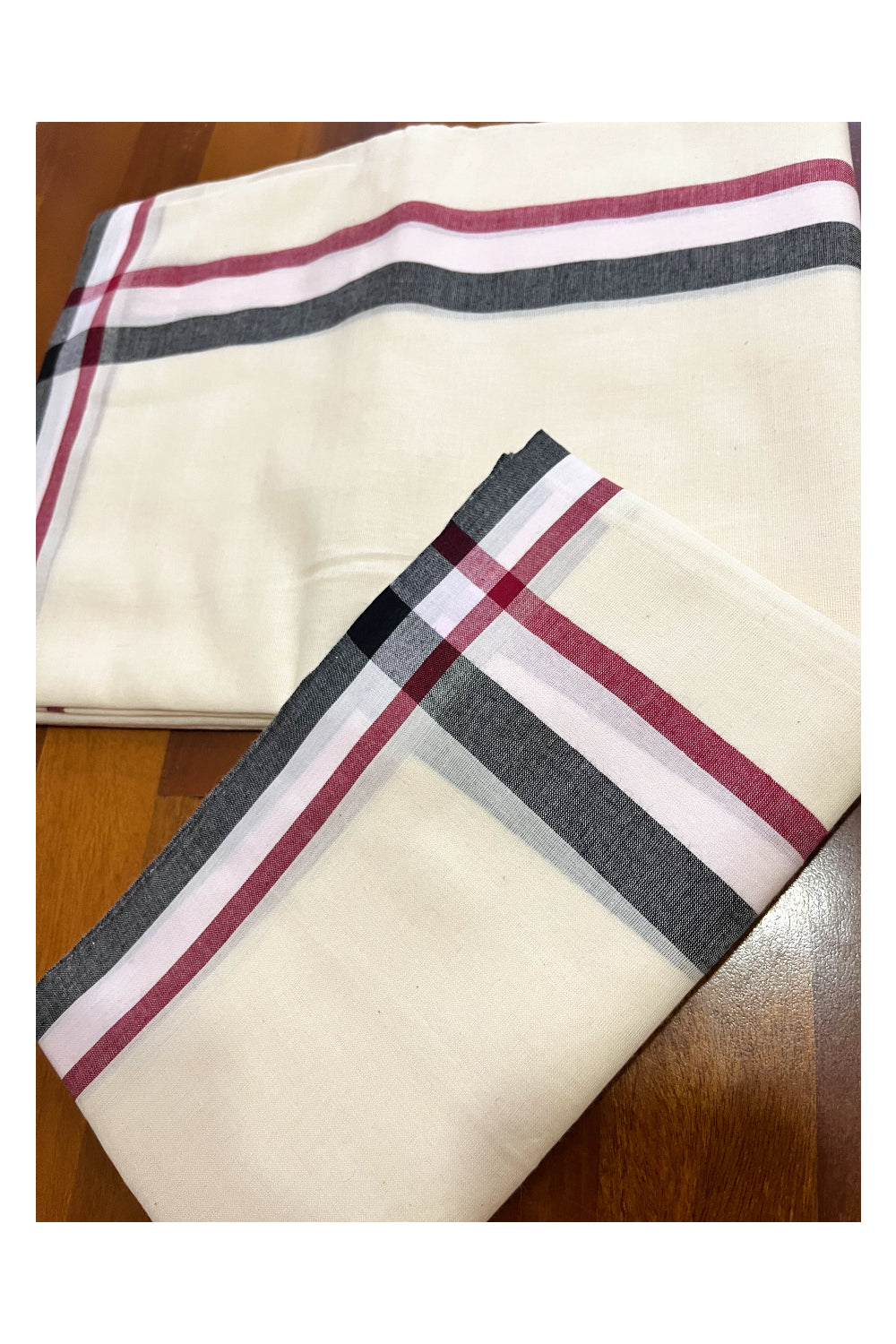 Kerala Cotton Mulloth Mundum Neriyathum Single (Set Mundu) with Maroon Black Border (Extra Soft Cotton) 2.80 Mtrs