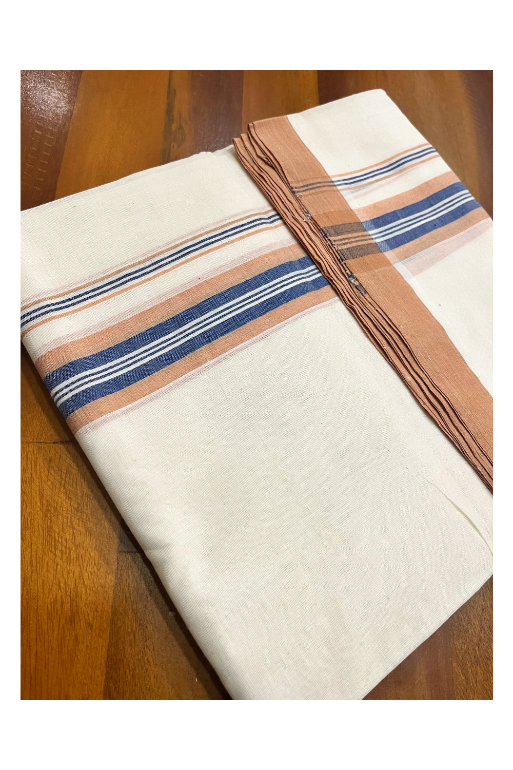 Premium Balaramapuram Handloom Unakkupaavu Cotton Double Mundu with Light Brown and Blue Border (Vishu 2024 Collection)