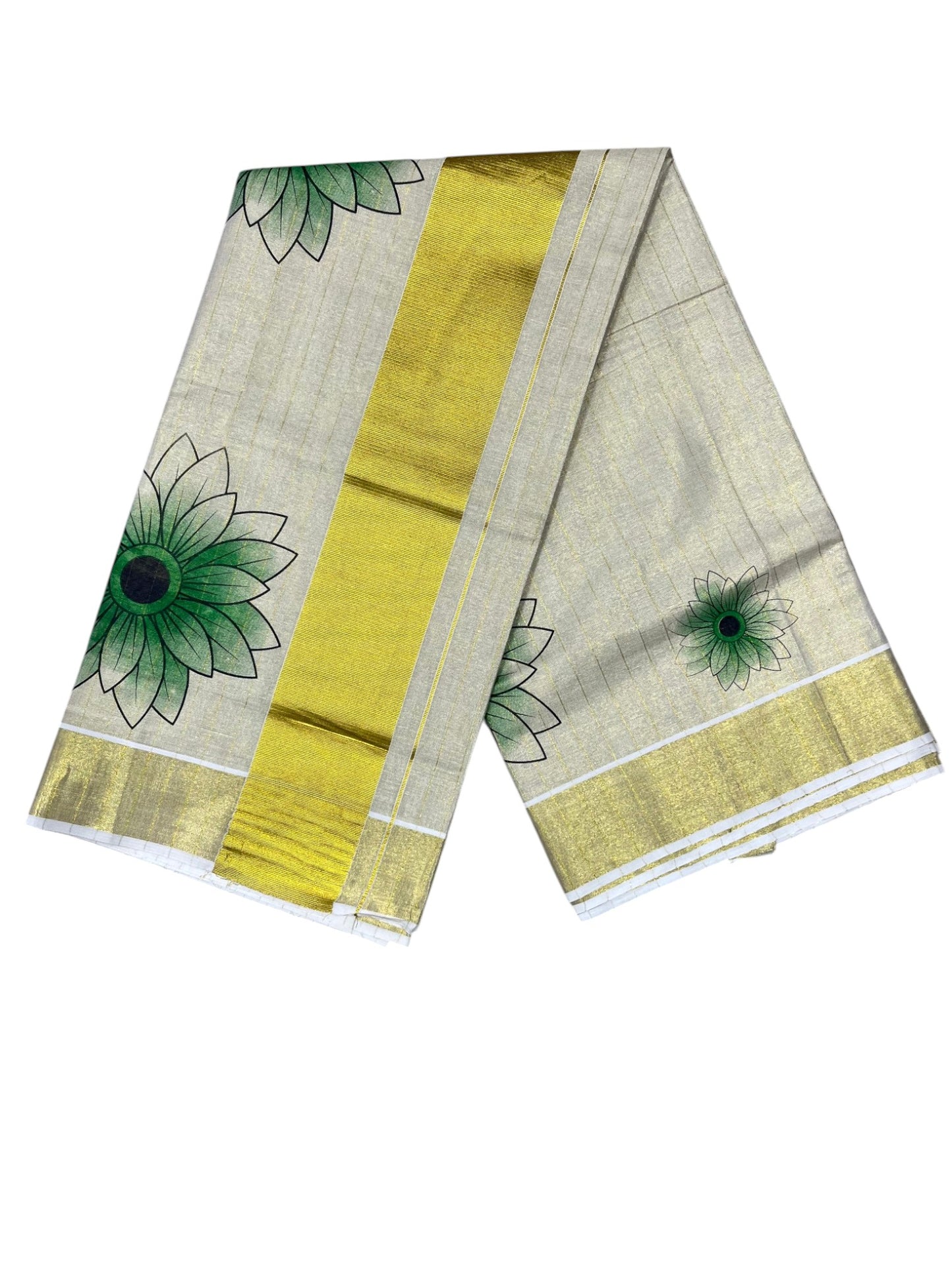 Southloom Kerala Tissue Kasavu Lines Design Saree with Green Floral Prints on Body