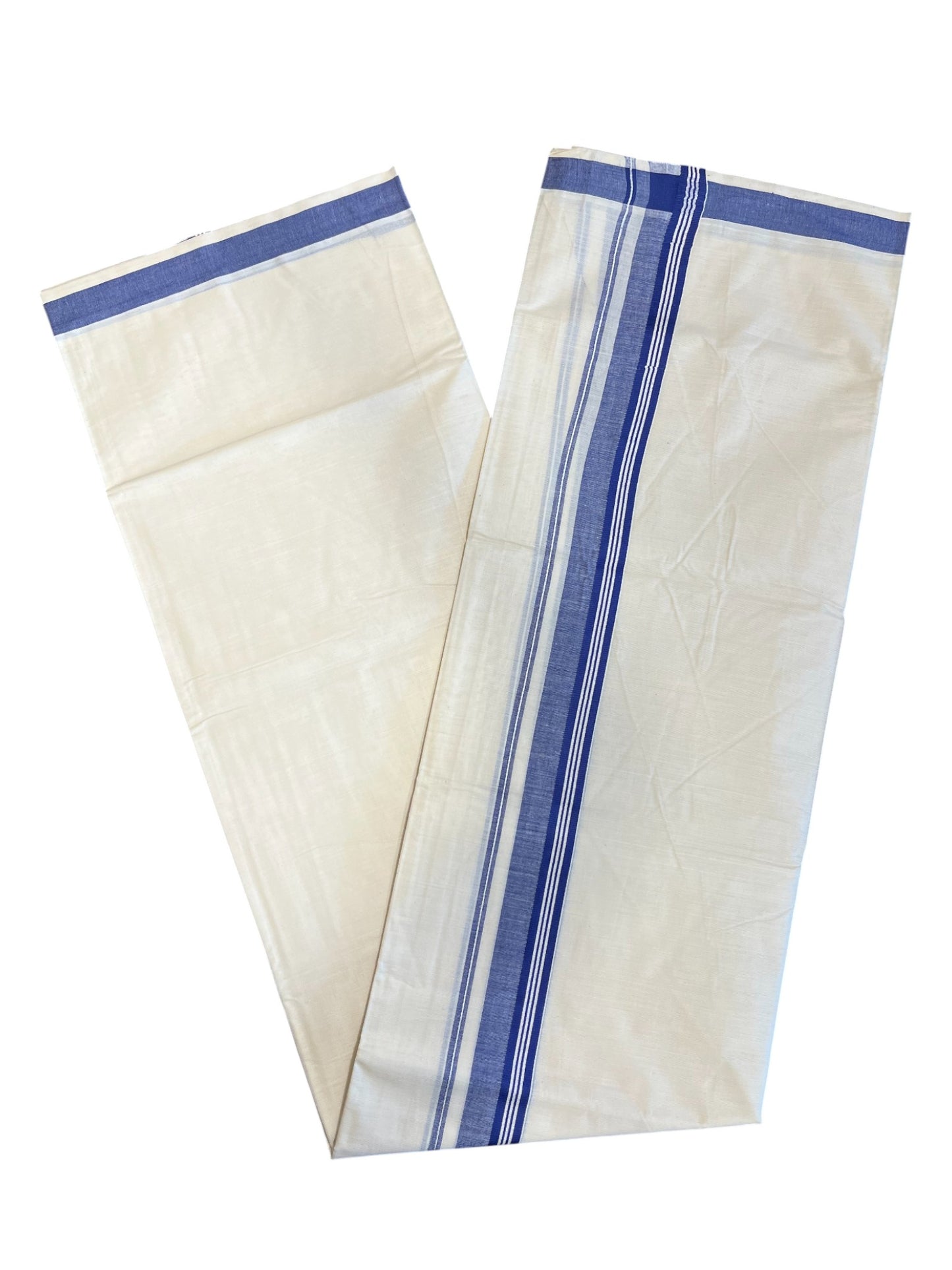Southloom Pure Cotton  Double Mundu With White Lines & Blue Border (South Indian Kerala Dhoti)