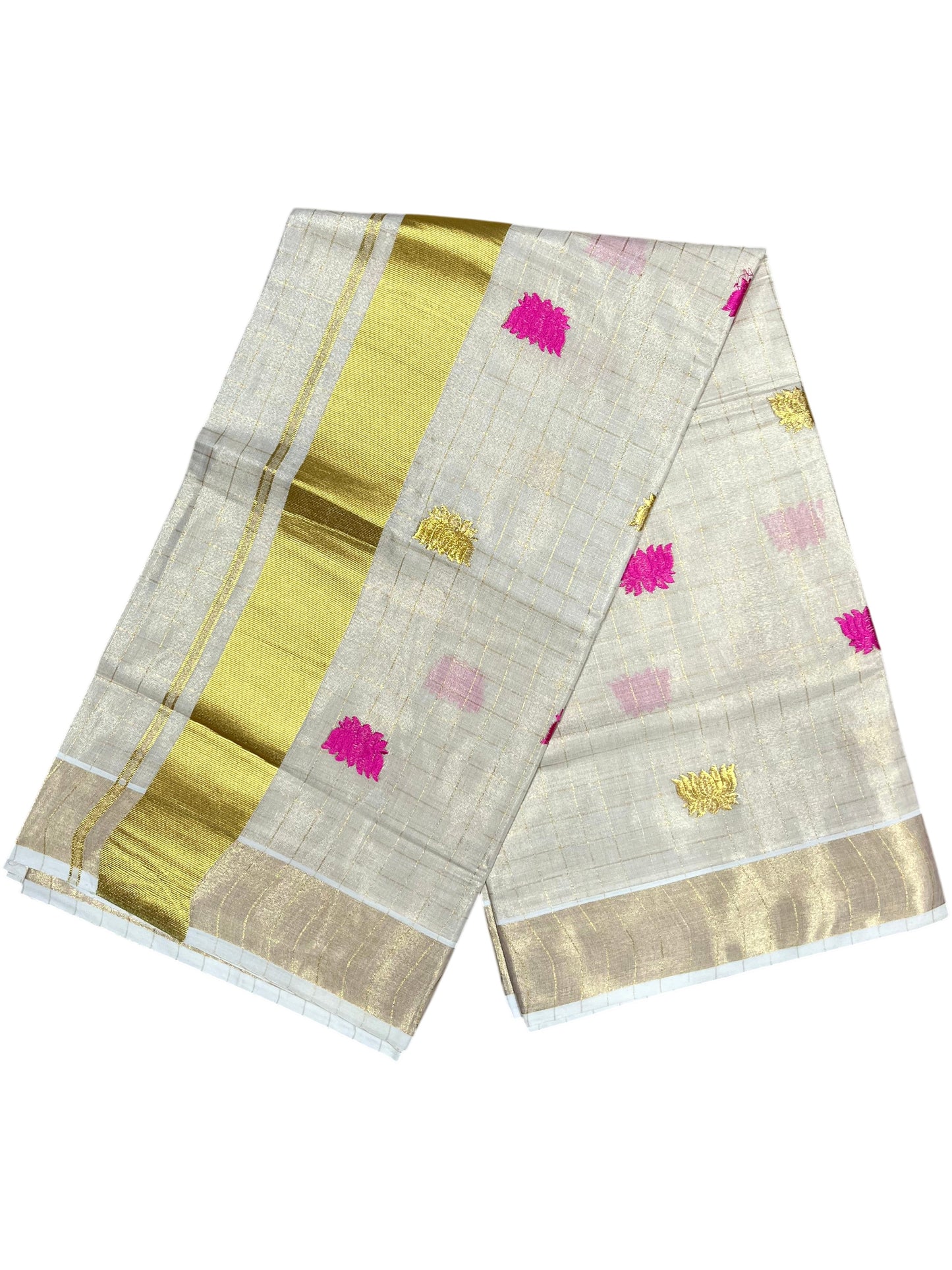 Southloom Kerala Tissue Kasavu Check Saree with Pink Lotus Embroidery Works SL524