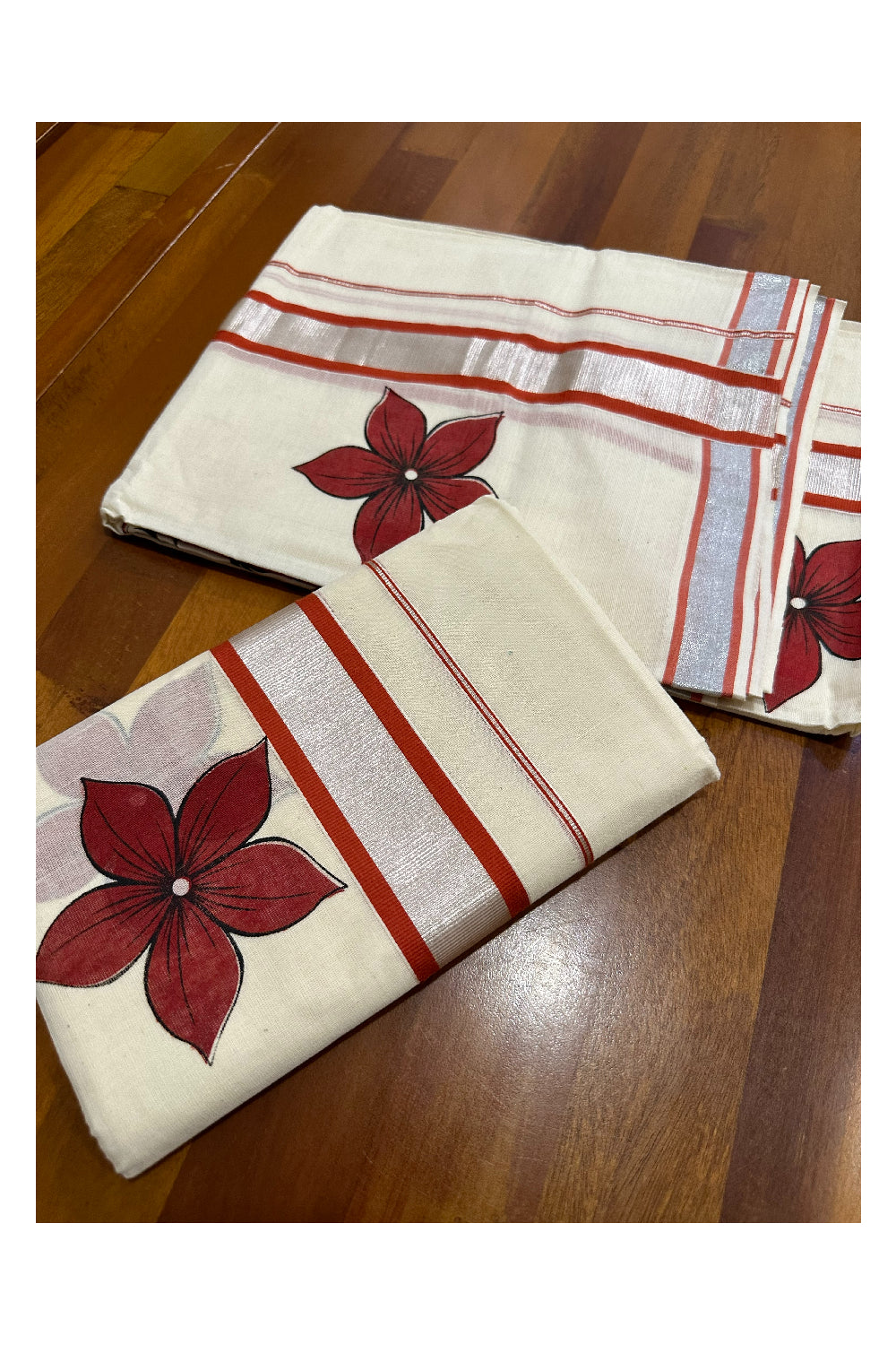 Cotton Silver Kasavu Single Set Mundu (Mundu Neriyathum) with Dark Orange Floral Block Prints 2.80 Mtrs (Onam Set Mundu 2023)