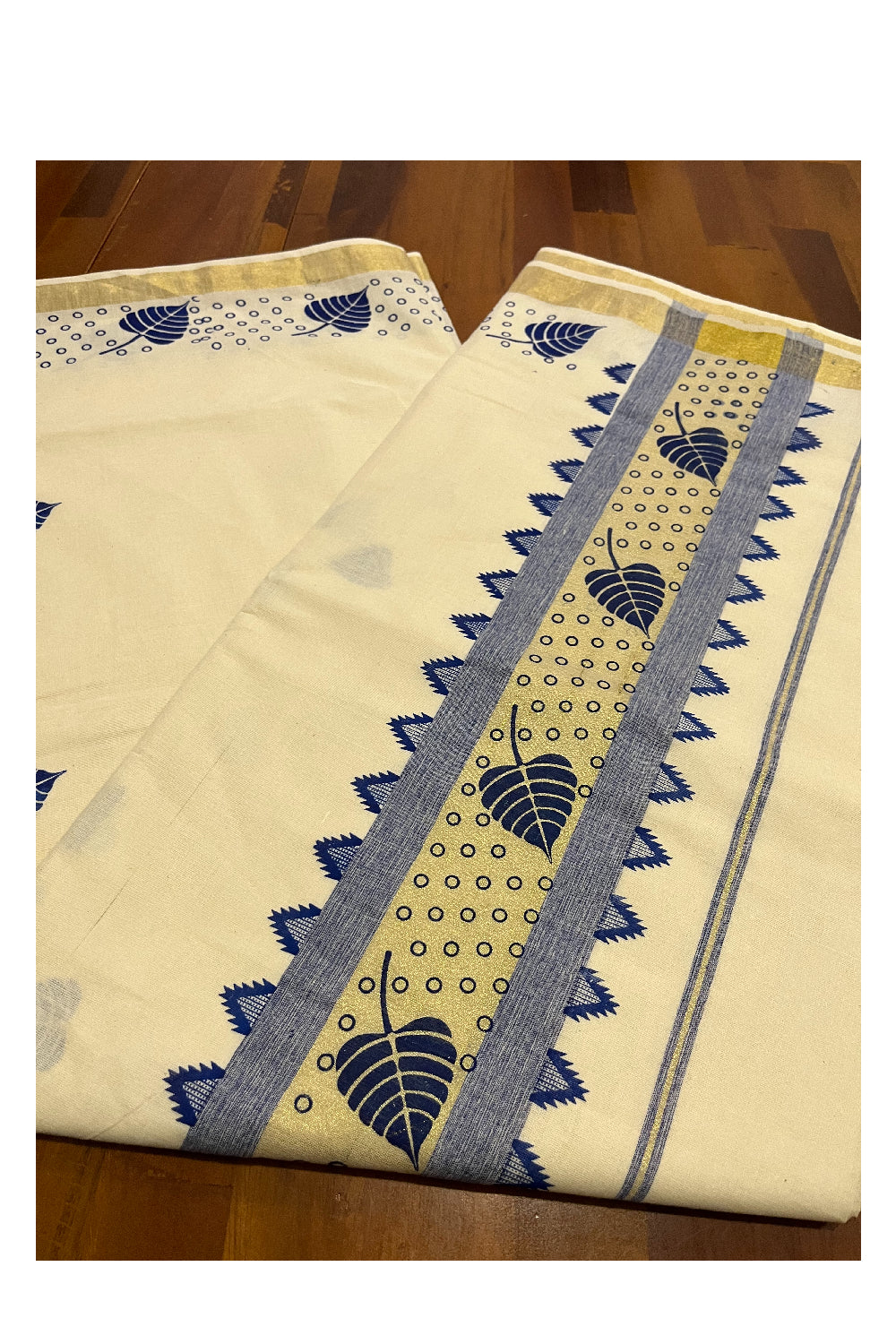 Kerala Cotton Saree with Blue Block Prints on Kasavu Border