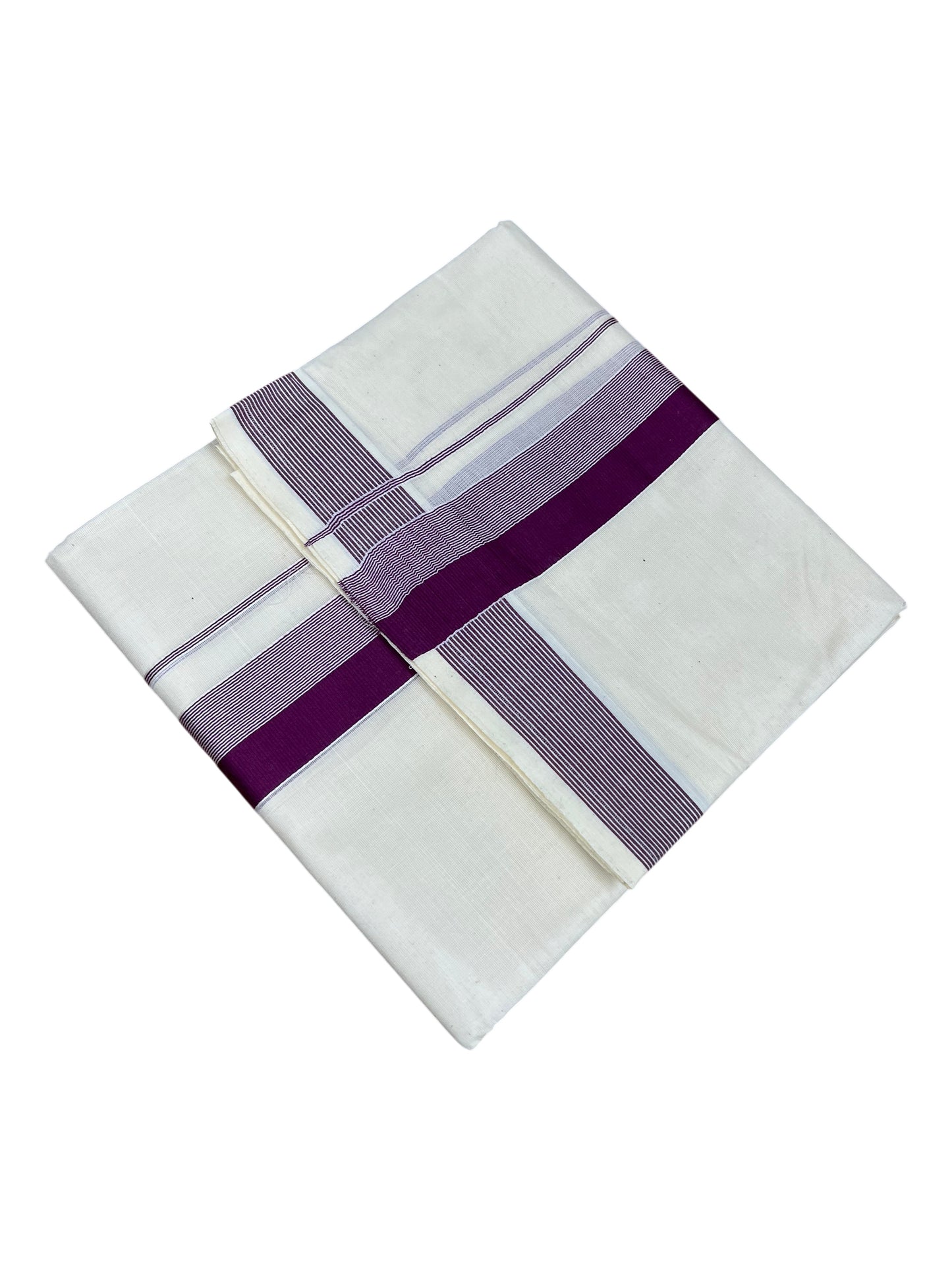 Southloom Kerala Pure Cotton Double Mundu with Purple Lines And Purple Border (South Indian Kerala Dhoti)