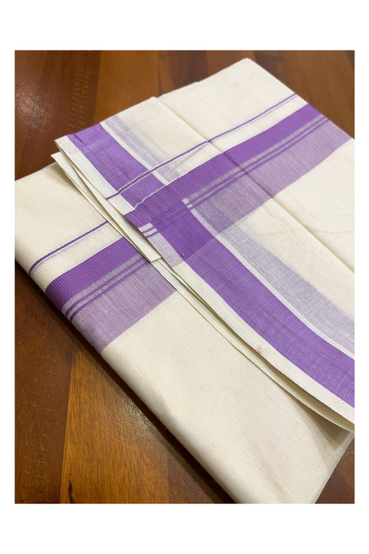 Off White Pure Cotton Kerala Mundu with Violet Kara (South Indian Kerala Dhoti)