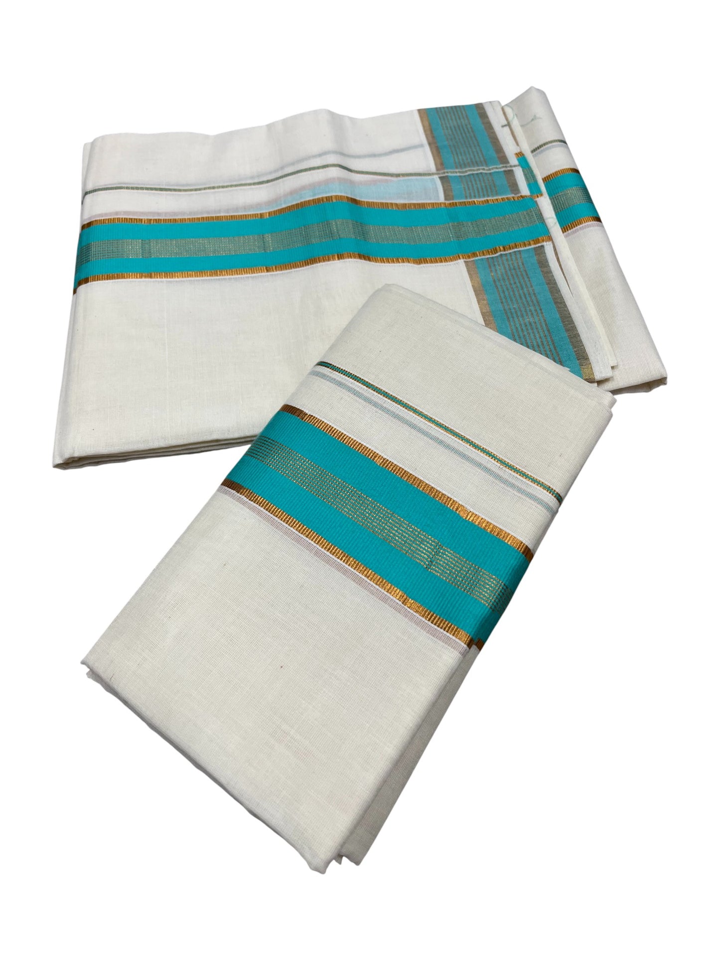 Kerala Cotton Kasavu Single Set Mundu (Mundum Neriyathum) with Turquoise Border in 2.80 Mtrs