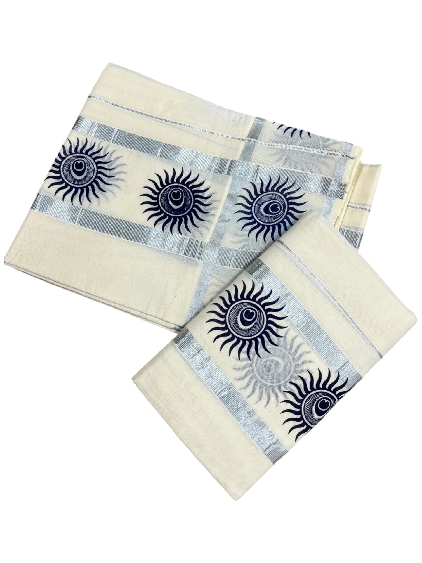 Southloom Cotton Single Set Mundu (Mundu Neriyathum) With Digital Print And Silver Border Kasavu in 2.80 Mtrs