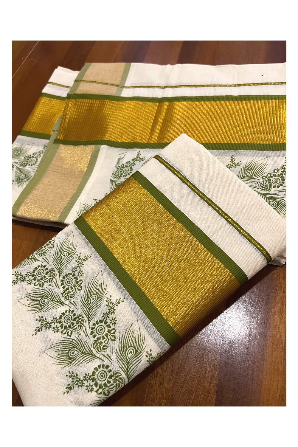 Pure Cotton Kerala Single Set Mundu (Mundum Neriyathum) with Green Block Printed Kasavu Border