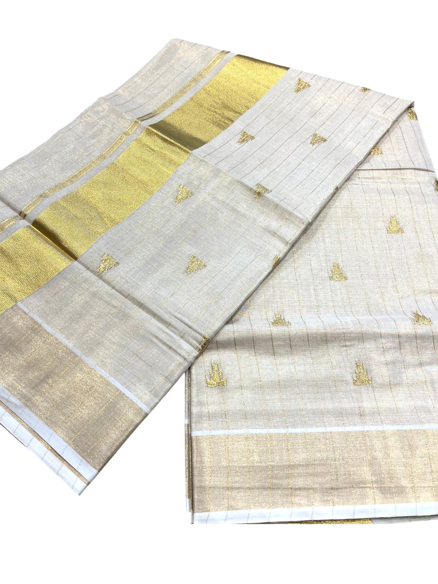 Southloom Kerala Tissue Kasavu Stripes Saree With Temple Embroidery on Body
