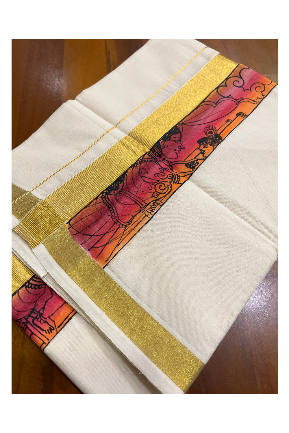 Kerala Pure Cotton Double Mundu with Mural Hand Painted Design on Kasavu Border (South Indian Kerala Dhoti)