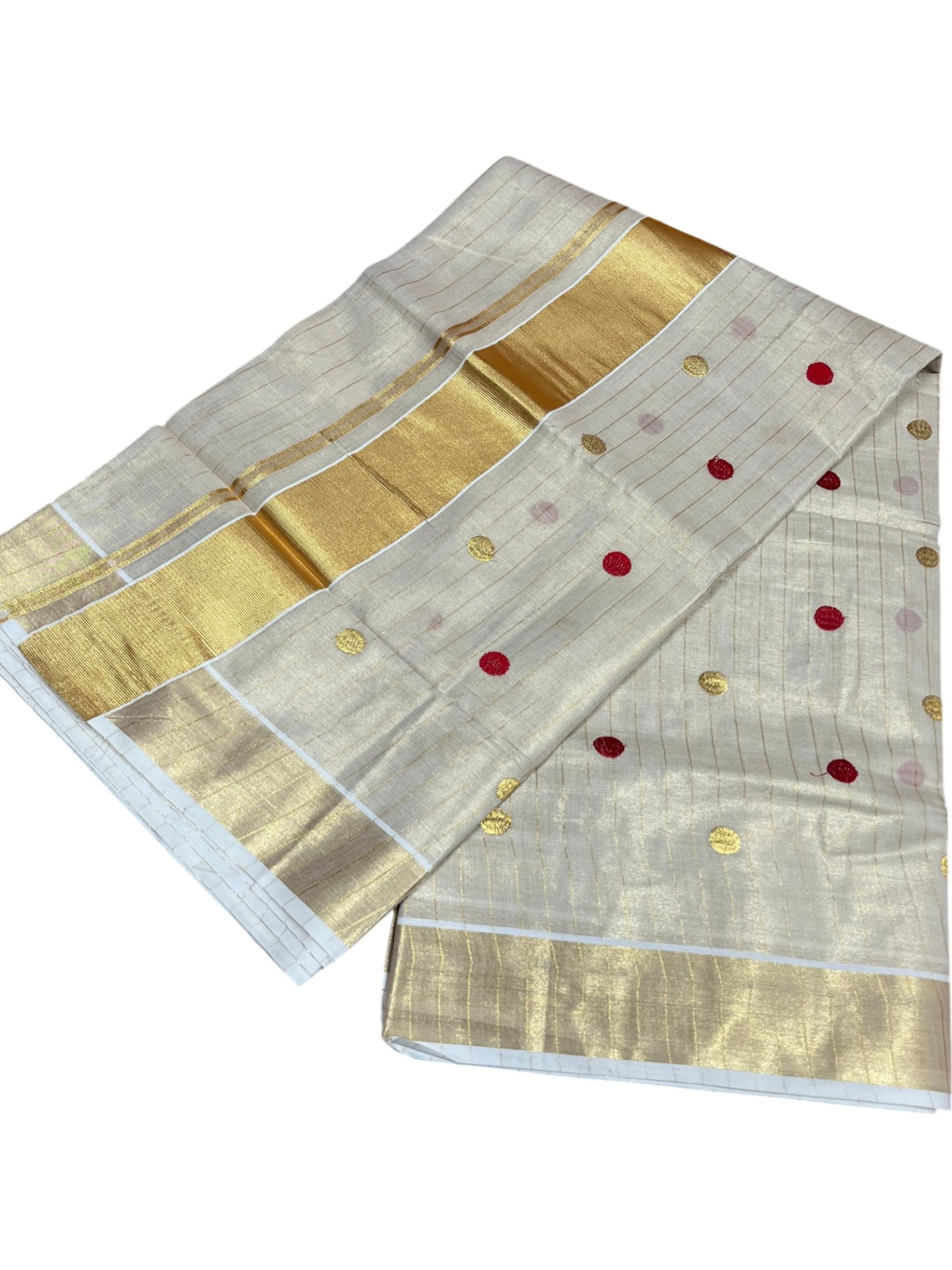 Southloom Kerala Tissue Kasavu Saree with Gold & Red Polka Embroidery Works on Body SL281