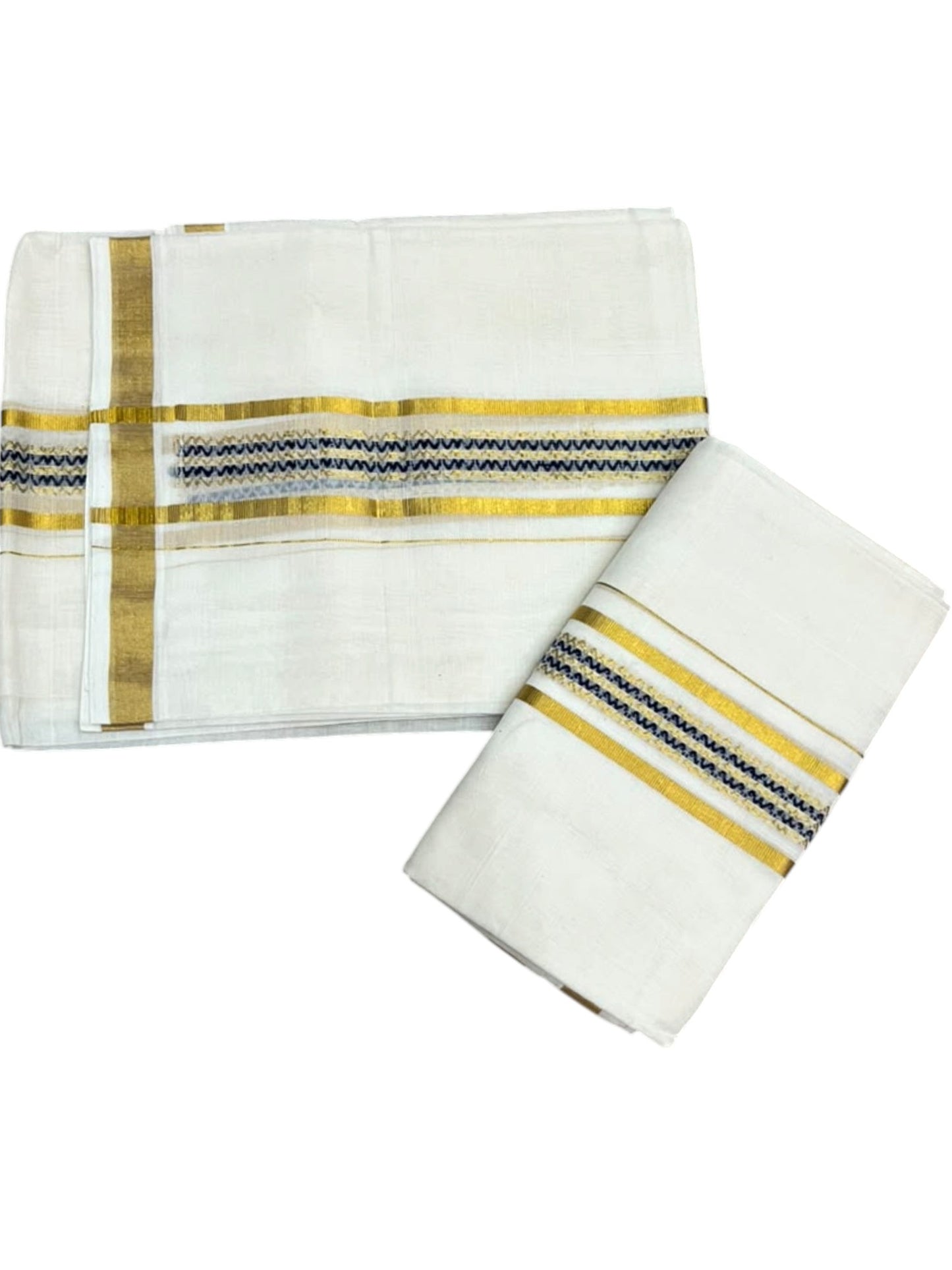 Southloom Premium Cotton Handloom Set Mundu With Blue Woven Dots Design And Golde Kasavu Border (2.80 Mtr) SL632
