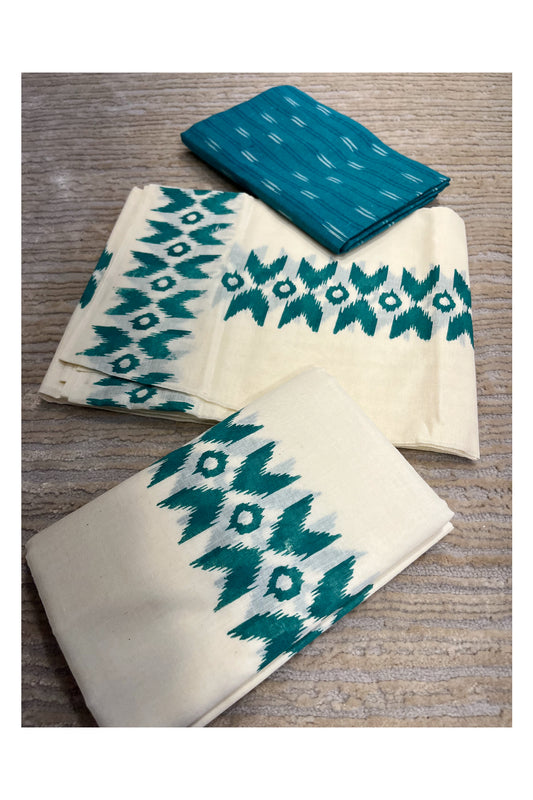 Southloom Ikat Design Greenish Blue Printed Set Mundu with Blouse Piece 2.80Mtrs